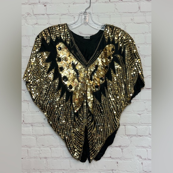 Vintage Gold Sequin Butterfly Top with Silk Lining - Picture 2 of 11
